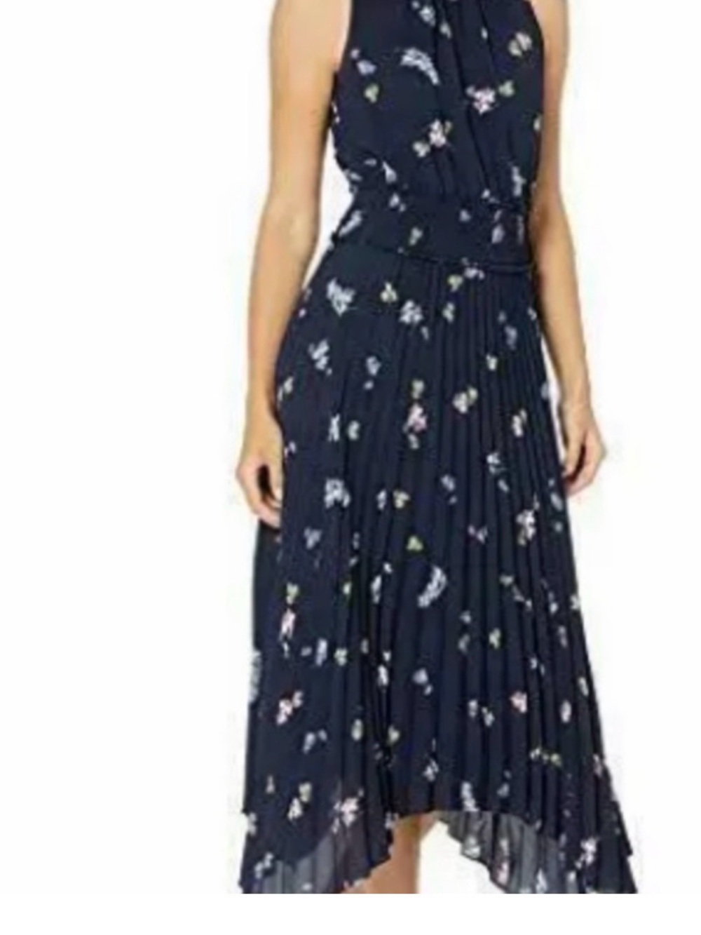 Vince Camuto Navy Floral Pleated Midi Dress - Women